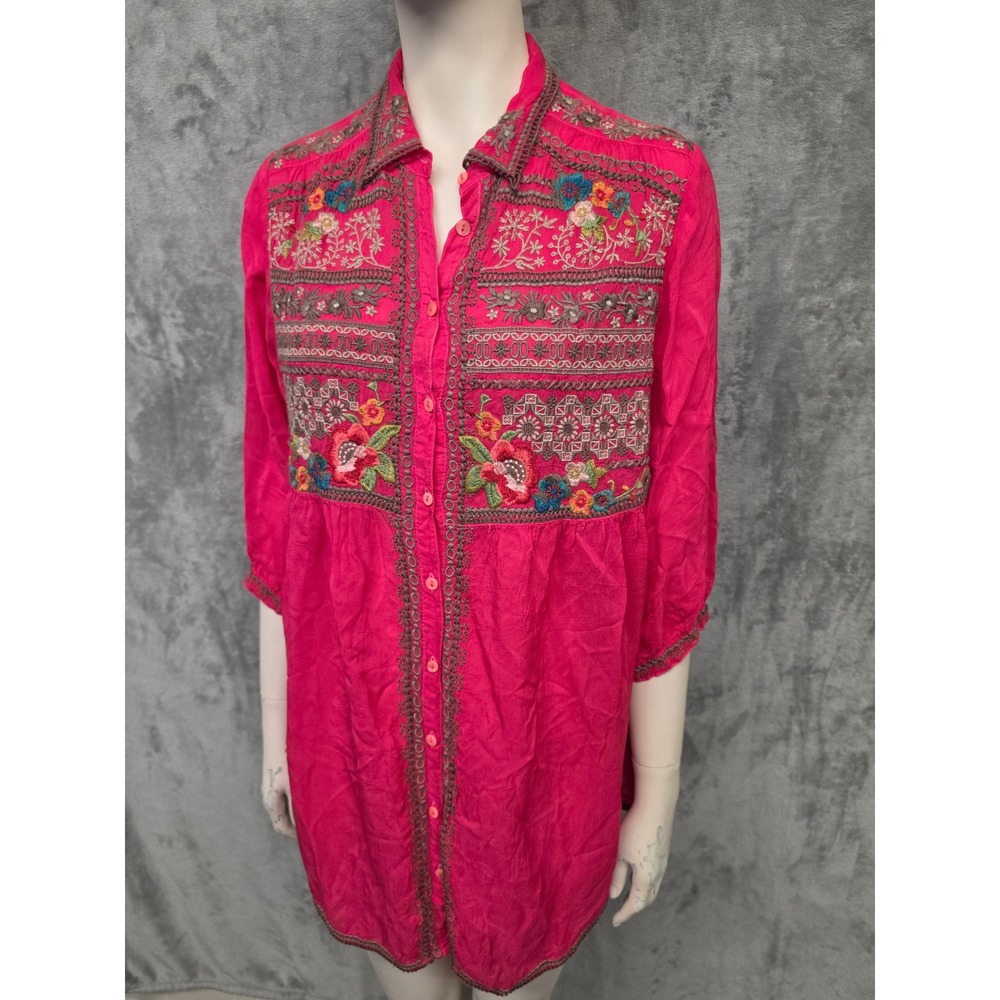 Johnny Was Cherry Pink Embroidered Boho Button Down Tunic Top Floral Fuchsia S